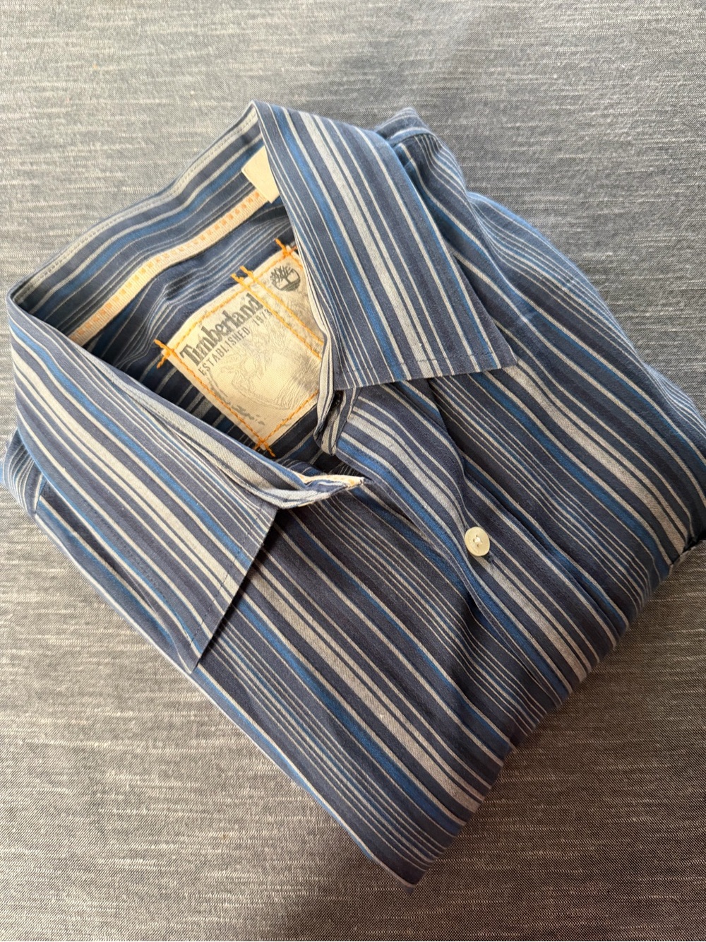 Timberland Men's Navy and Light Blue Striped Button-Down Shirt